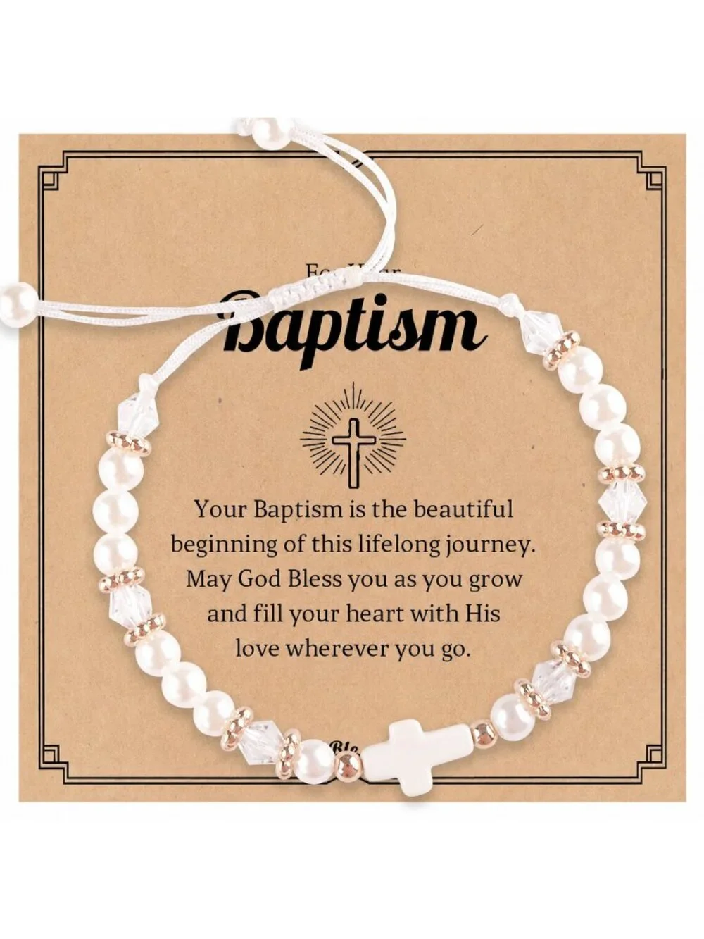Baby Girl White Pearl Cross Baptism Christening Bracelet, Adjustable